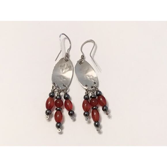 925 Sterling Silver Carnelian & Hematite Earrings Mystical - 3” - Picture 2 of 2